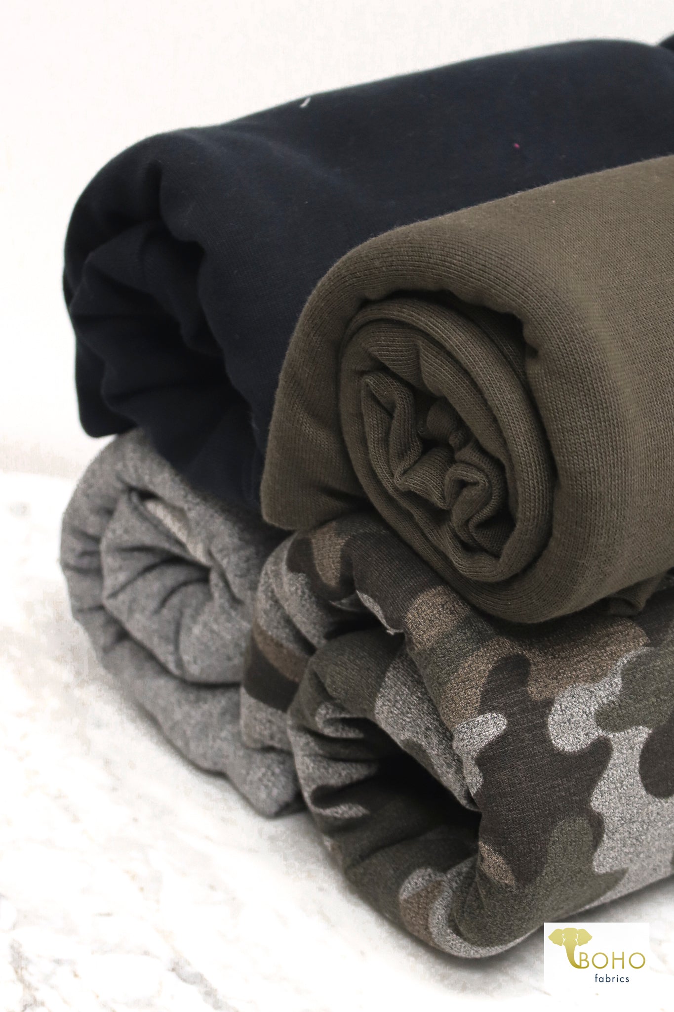 11/06/2024 Fabric Happy Hour! Green Vintage Camo, Knit Bundle. READY TO SHIP! - Boho Fabrics - Fabric Bundles