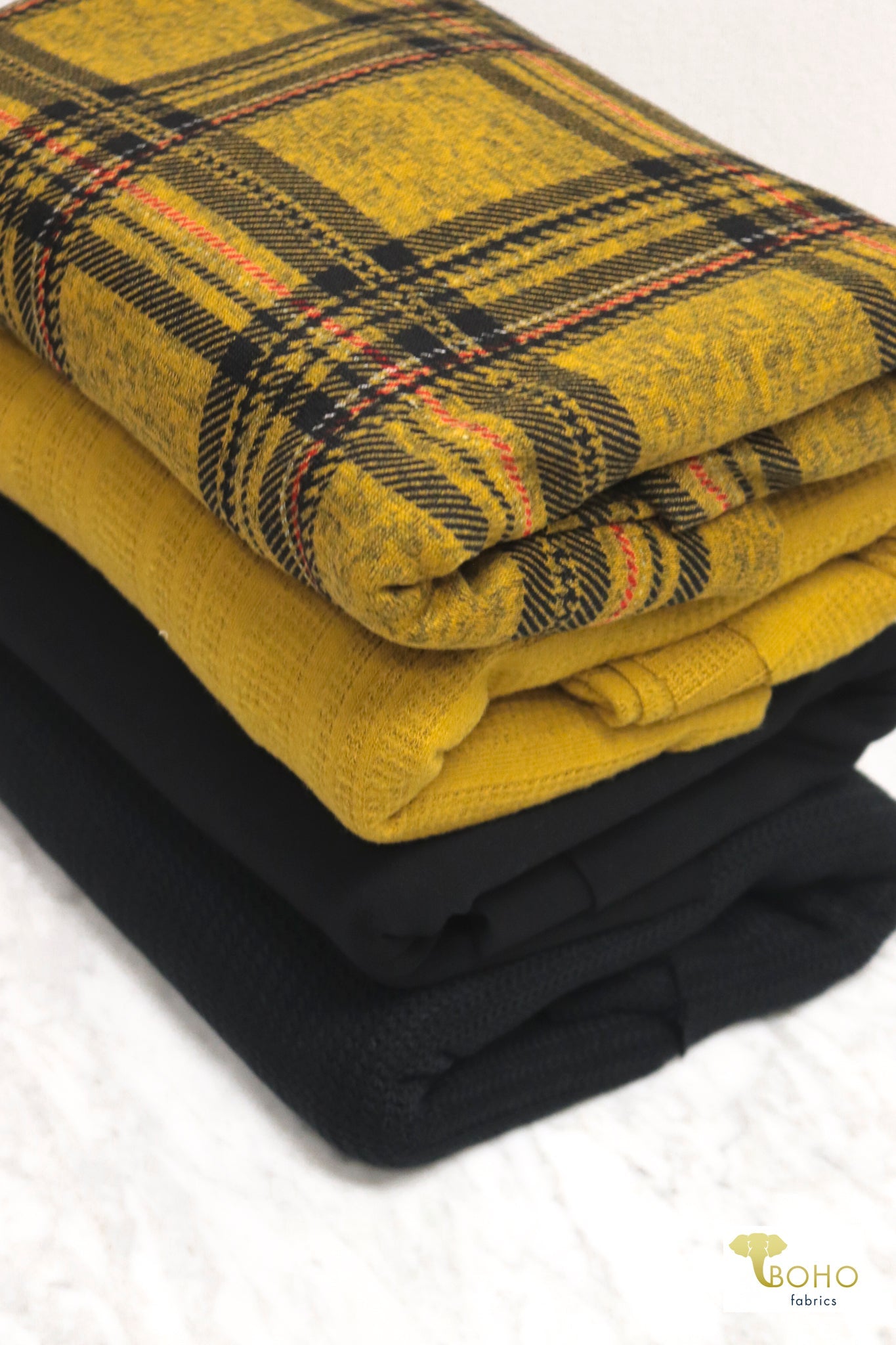 11/07/2024 Fabric Happy Hour! Mustard Plaid, Knit Bundle. READY TO SHIP! - Boho Fabrics - Fabric Bundles