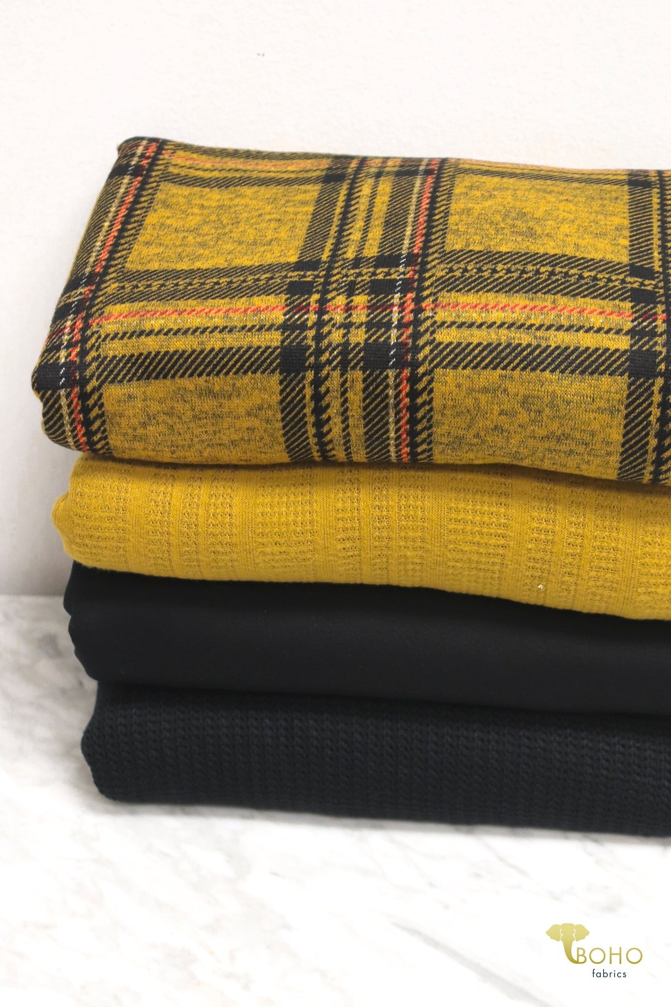 11/07/2024 Fabric Happy Hour! Mustard Plaid, Knit Bundle. READY TO SHIP! - Boho Fabrics - Fabric Bundles