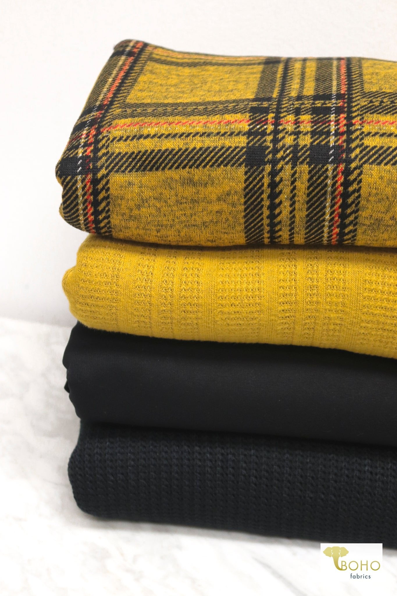 11/07/2024 Fabric Happy Hour! Mustard Plaid, Knit Bundle. READY TO SHIP! - Boho Fabrics - Fabric Bundles