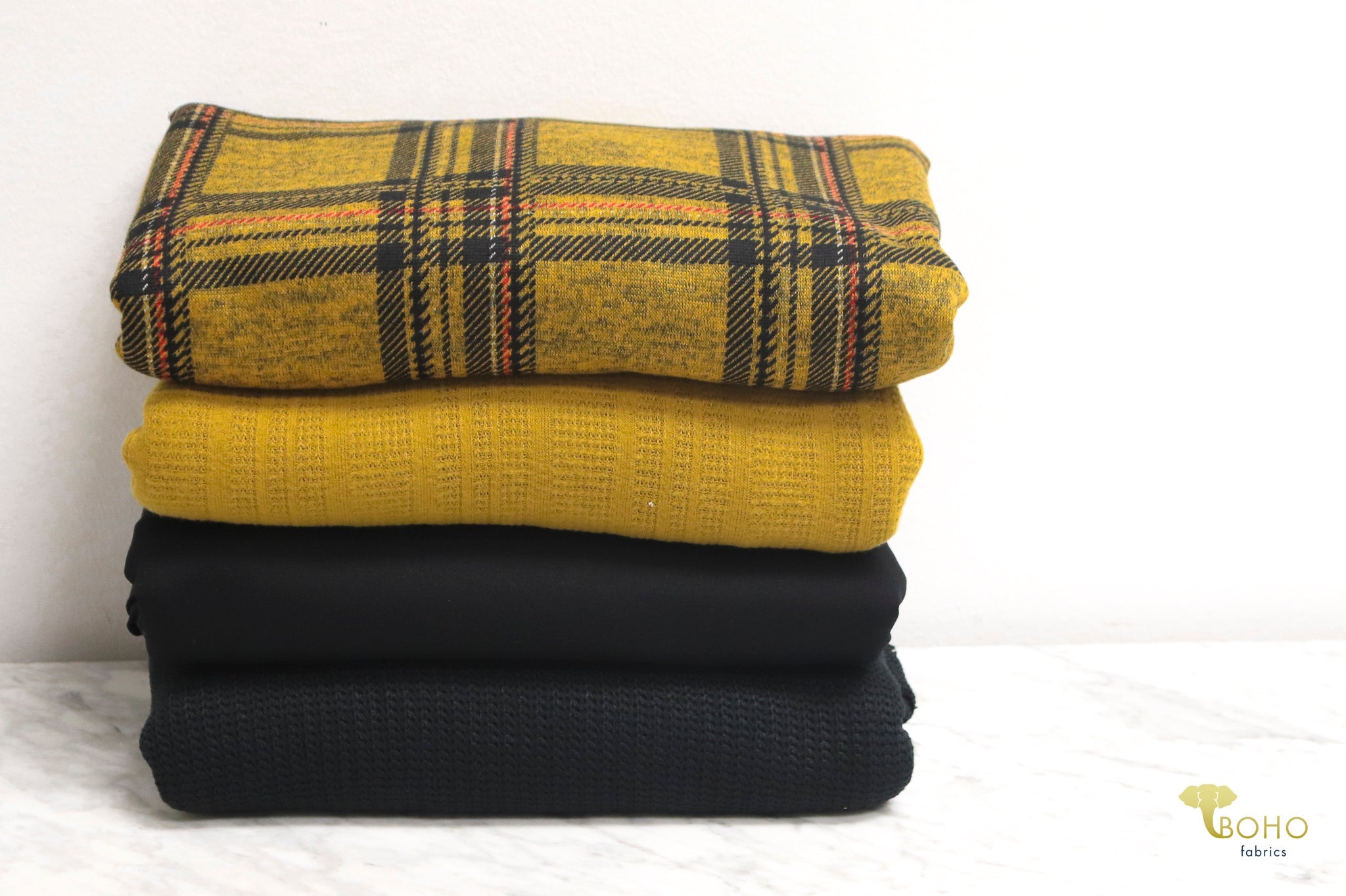 11/07/2024 Fabric Happy Hour! Mustard Plaid, Knit Bundle. READY TO SHIP! - Boho Fabrics - Fabric Bundles