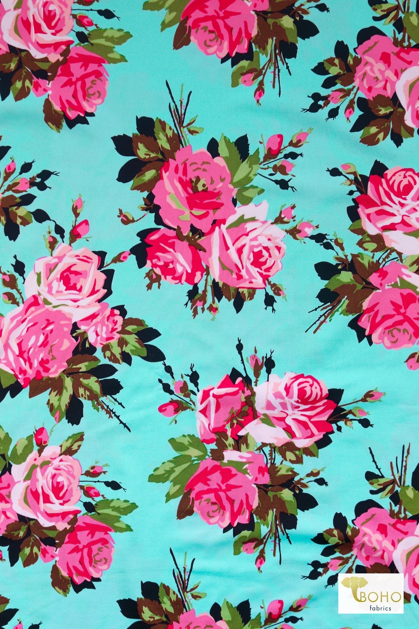 2 Yard & 3 Yard Precuts! Rose Cutouts on Aqua, Athletic Knit - Boho Fabrics - Athletic Knit Fabric