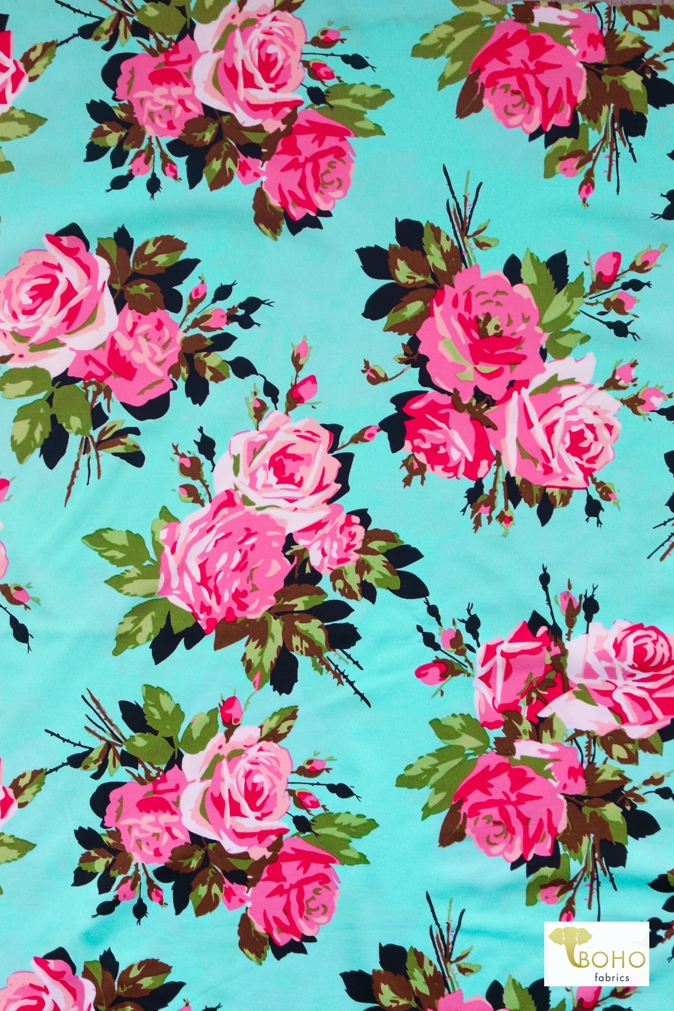 2 Yard & 3 Yard Precuts! Rose Cutouts on Aqua, Athletic Knit - Boho Fabrics - Athletic Knit Fabric