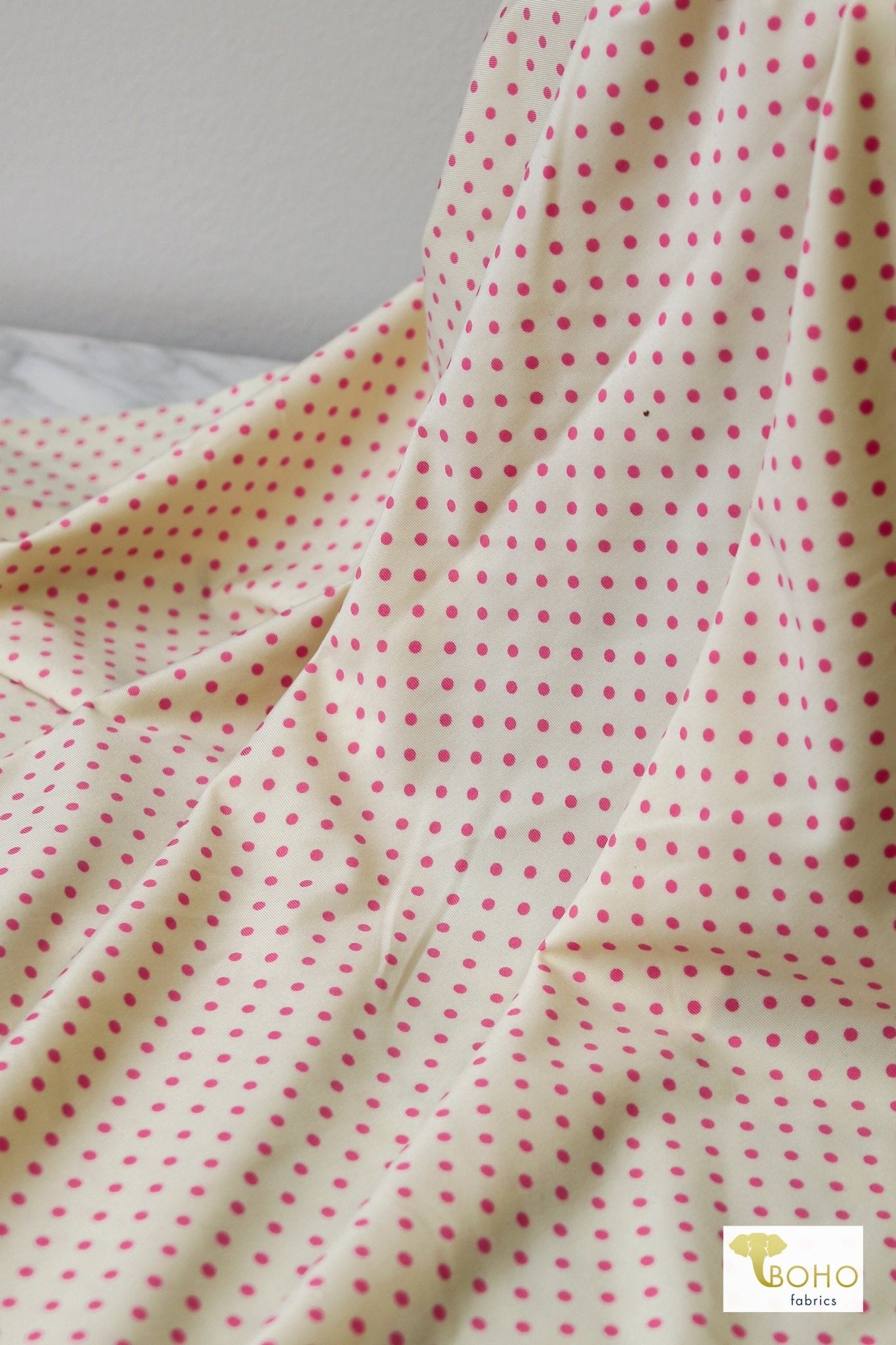 2 Yard & 3 Yard Precuts! Small Pink Polka Dots on Ivory, Athletic Knit Fabric - Boho Fabrics - Athletic Knit Fabric