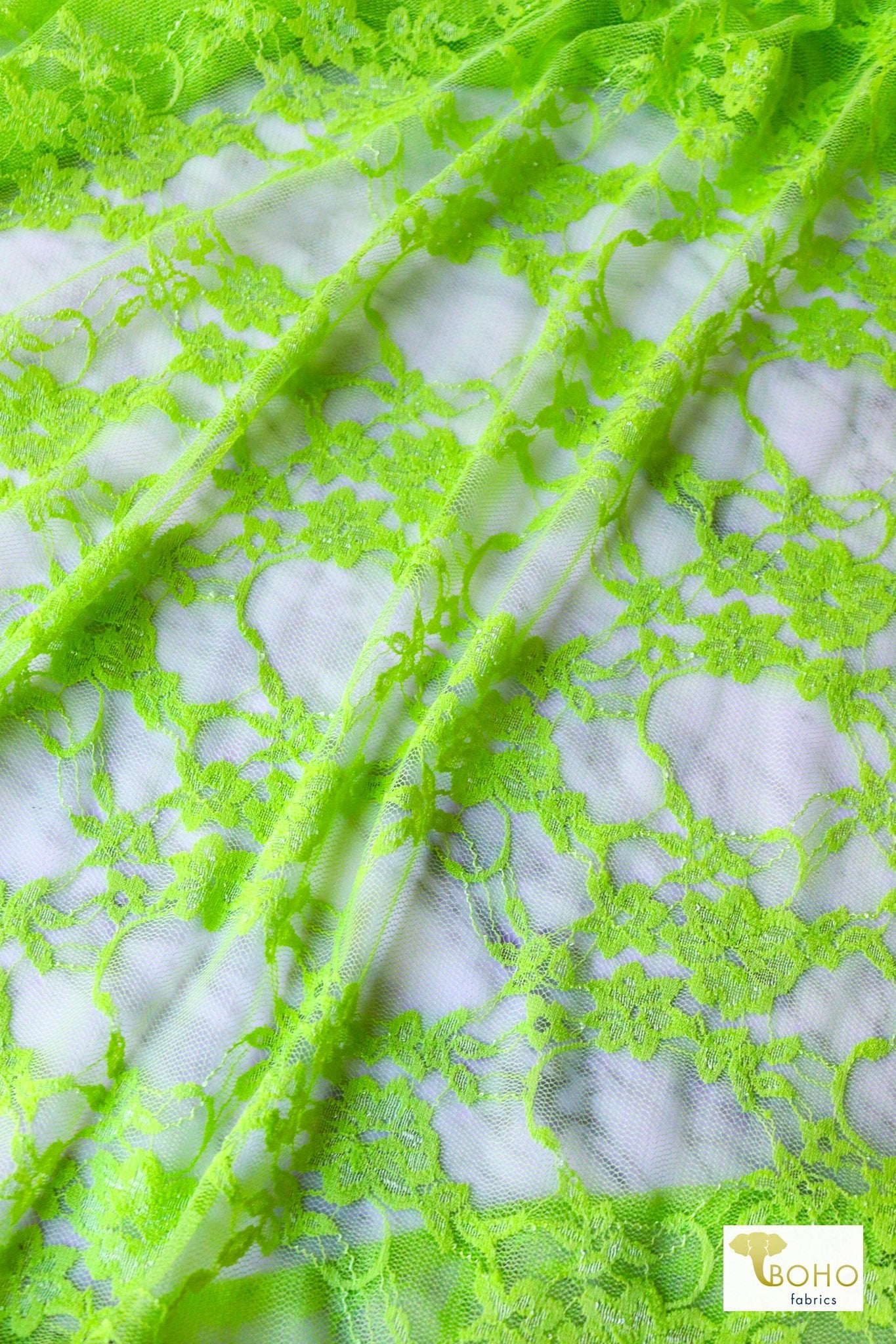 "Diamond Flowers" in Lime Green. Stretch Lace. SL - 110 - LIME - Boho Fabrics - Stretch Lace Fabric