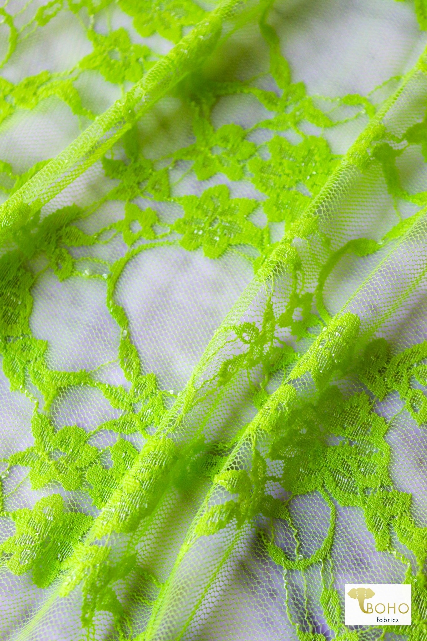 "Diamond Flowers" in Lime Green. Stretch Lace. SL - 110 - LIME - Boho Fabrics - Stretch Lace Fabric