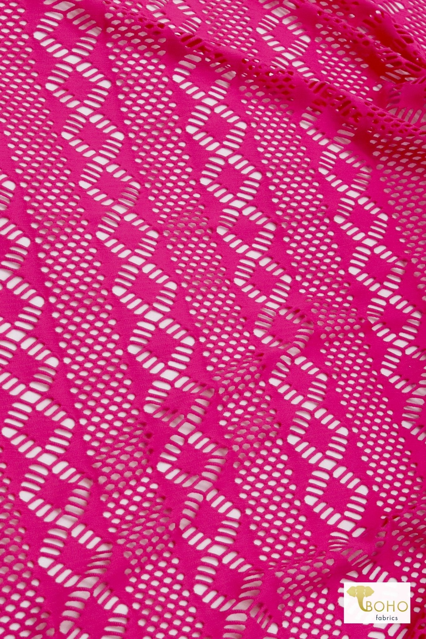 Dynamic Diamonds in Hot Pink. Stretch Lace Fabric - Boho Fabrics - Stretch Lace Fabric