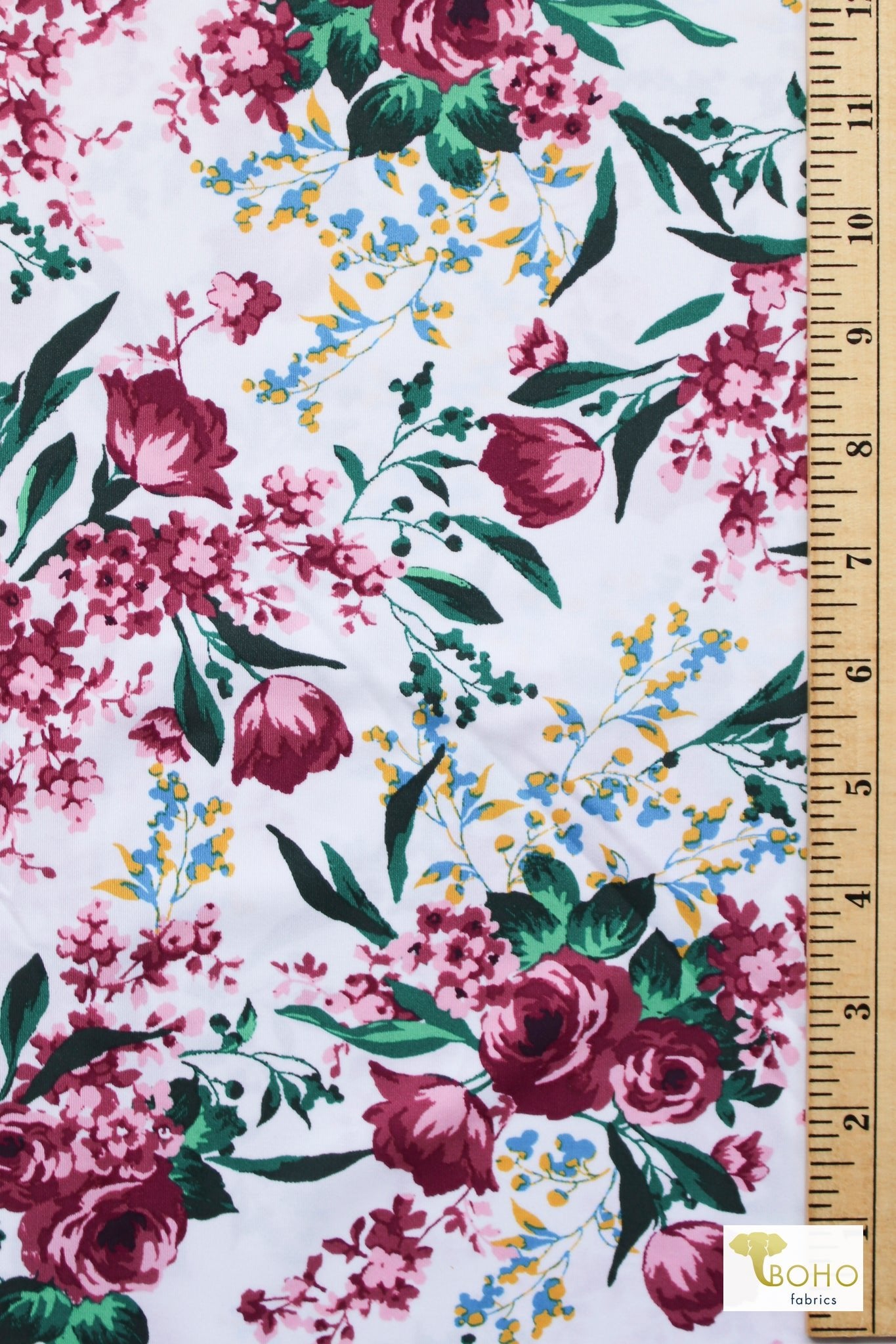 Floral Waltz on White, Athletic Knit Fabric - Boho Fabrics - Athletic Knit Fabric