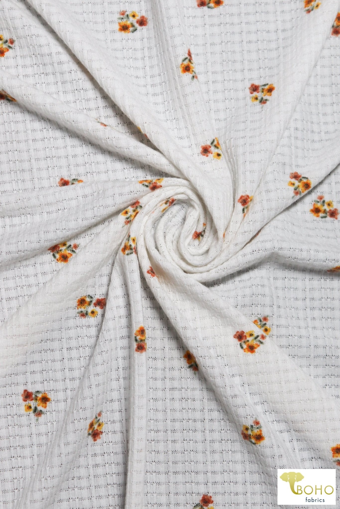 Golden Daisies on White, Pointelle Rib Knit. RIB-131 - Boho Fabrics