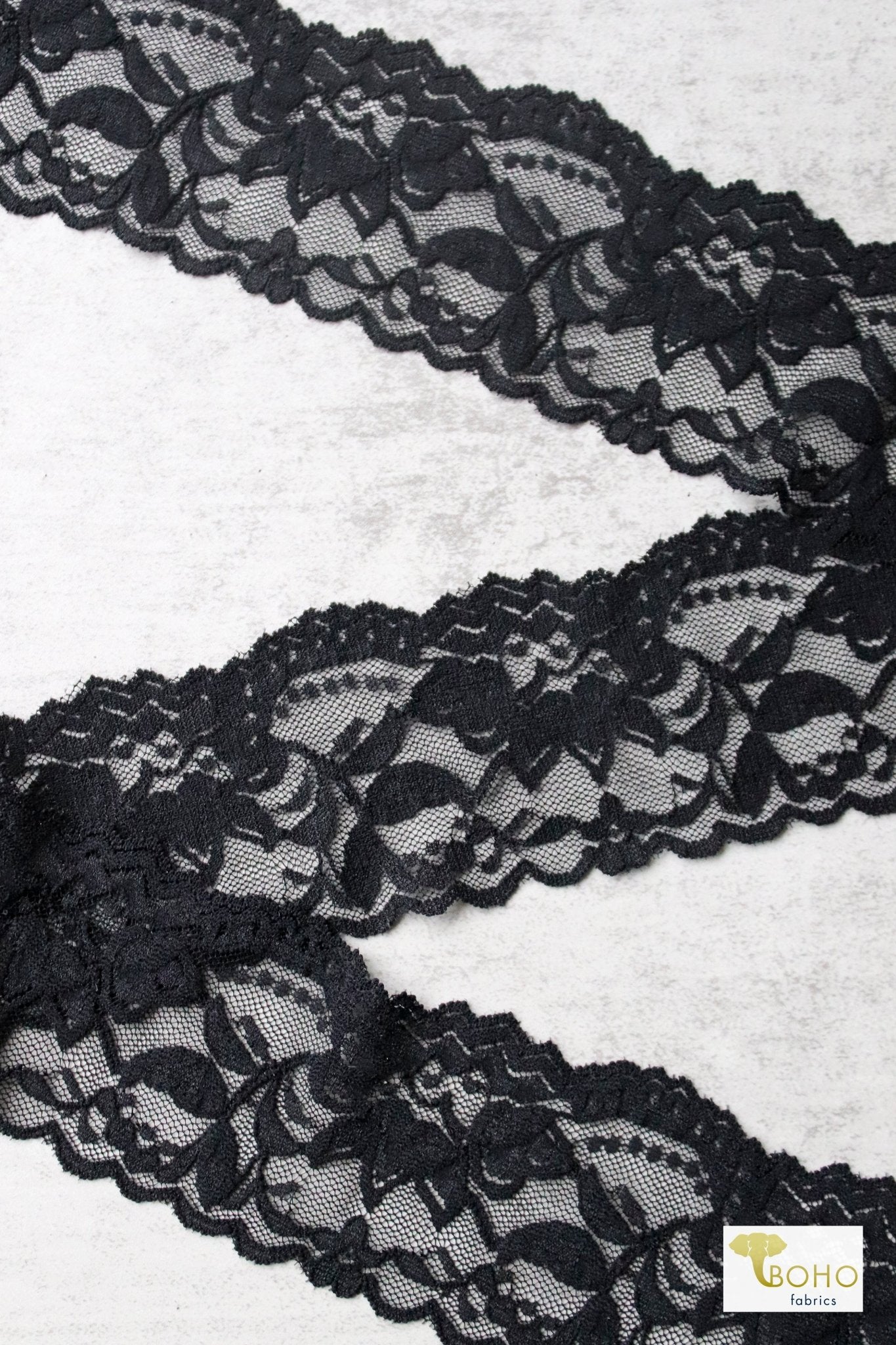 Last Cuts!- 2.25" Dahlia Black Florals, Stretch Lace Trim SOLD PER PACKAGE OF 3 YARDS. - Boho Fabrics - Trims