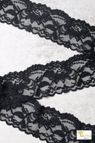 Last Cuts!- 2.25" Dahlia Black Florals, Stretch Lace Trim SOLD PER PACKAGE OF 3 YARDS. - Boho Fabrics - Trims