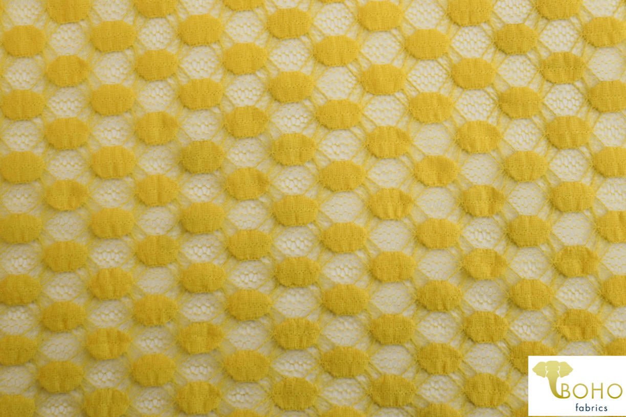 Last Cuts! Polka Dot in Lemon Yellow. Stretch Lace. SL-107-YELL - Boho Fabrics