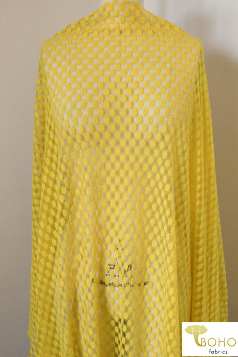 Last Cuts! Polka Dot in Lemon Yellow. Stretch Lace. SL-107-YELL - Boho Fabrics