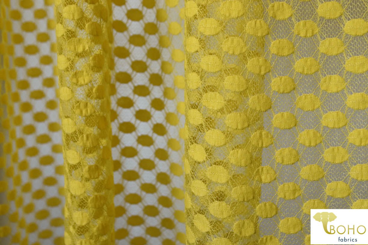 Last Cuts! Polka Dot in Lemon Yellow. Stretch Lace. SL-107-YELL - Boho Fabrics