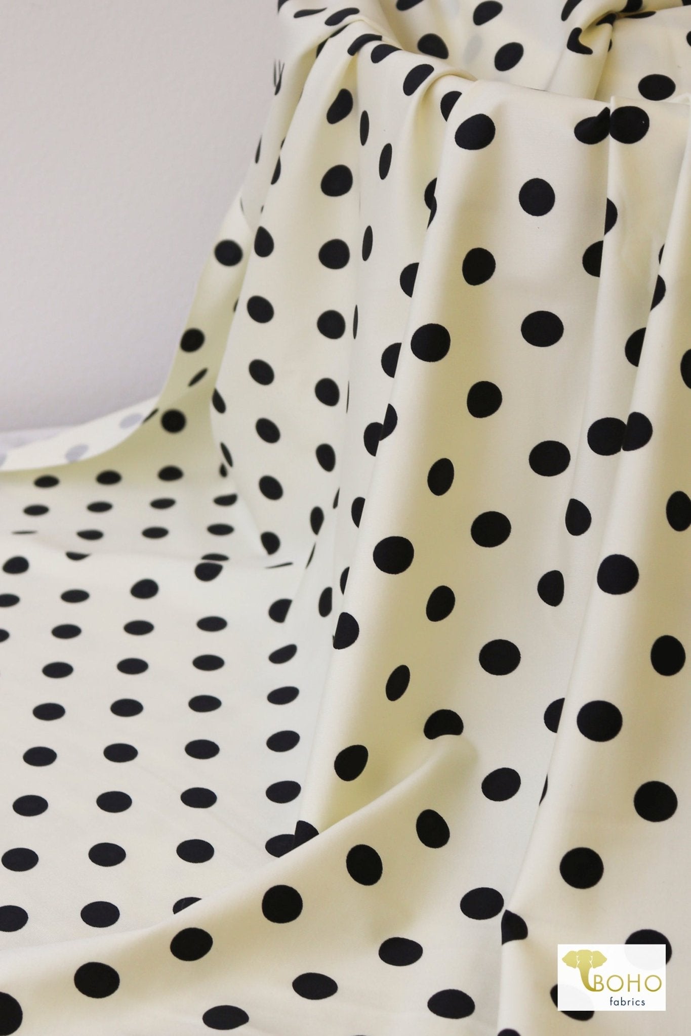 Retro Black Polka Dots on Ivory , Athletic Knit Fabric - Boho Fabrics - Athletic Knit Fabric