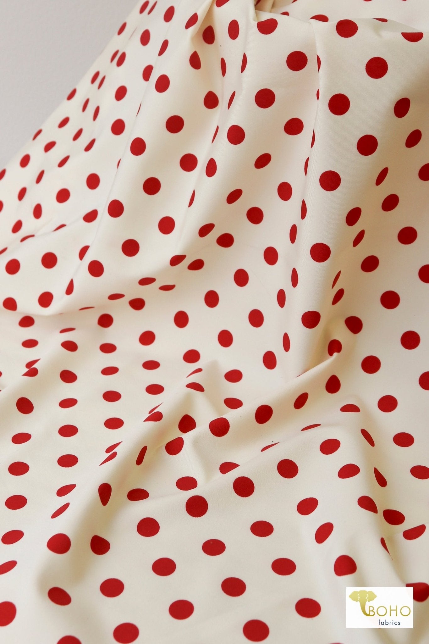 Retro Red Polka Dots on Ivory, Athletic Knit Fabric - Boho Fabrics - Athletic Knit Fabric