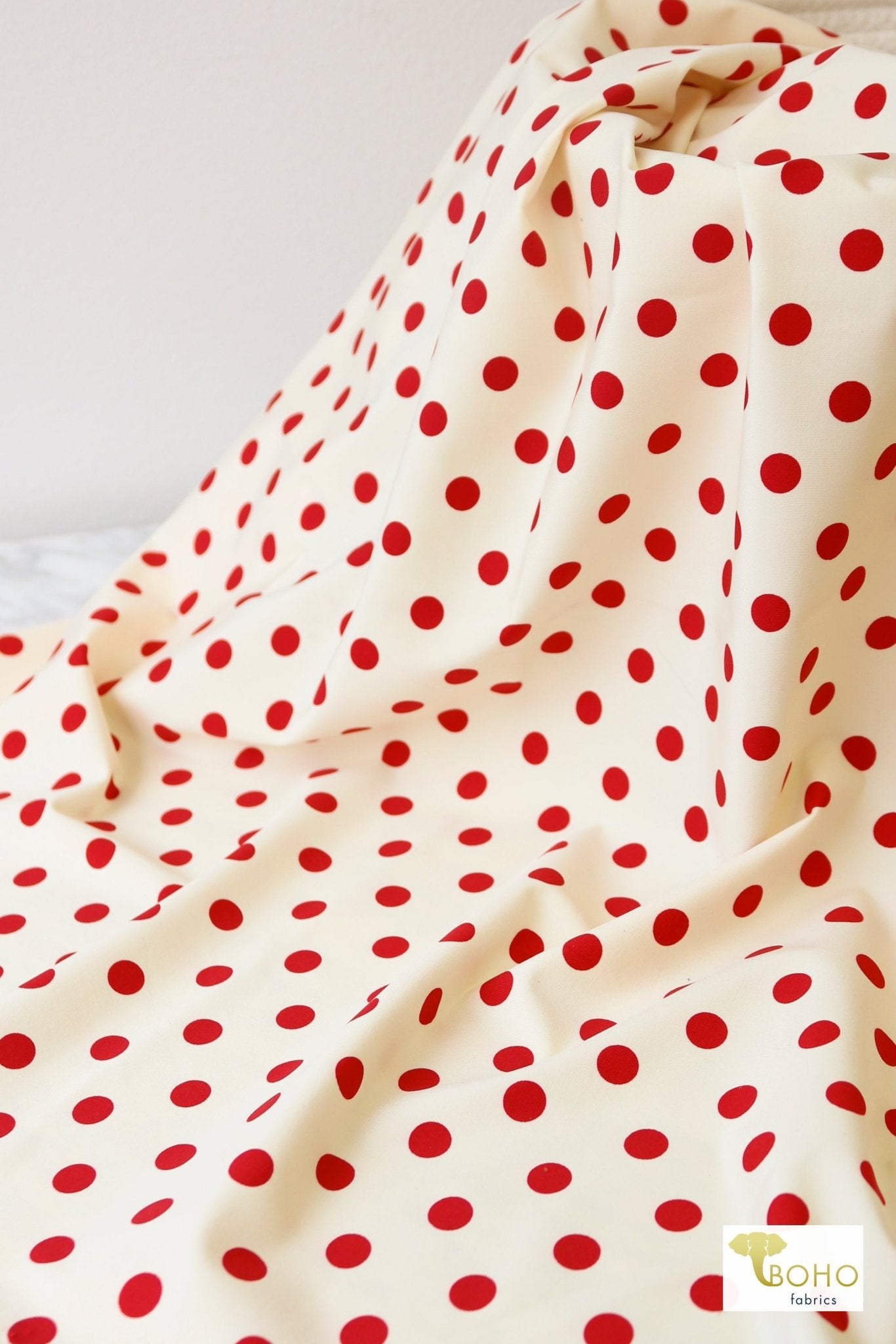 Retro Red Polka Dots on Ivory, Athletic Knit Fabric - Boho Fabrics - Athletic Knit Fabric