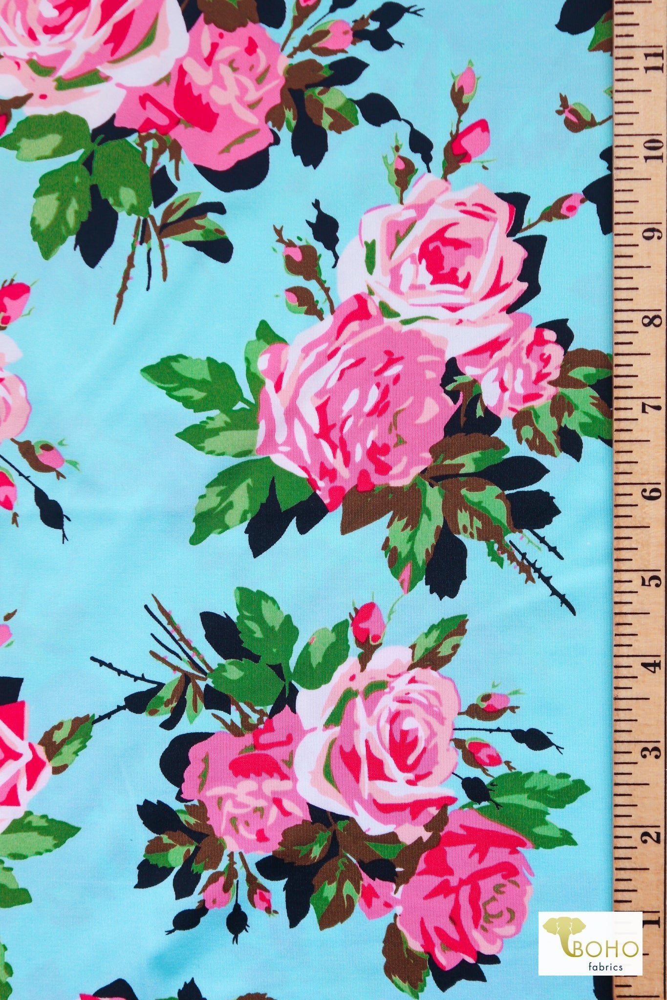 Rose Cutouts on Aqua, - Boho Fabrics - Athletic Knit Fabric