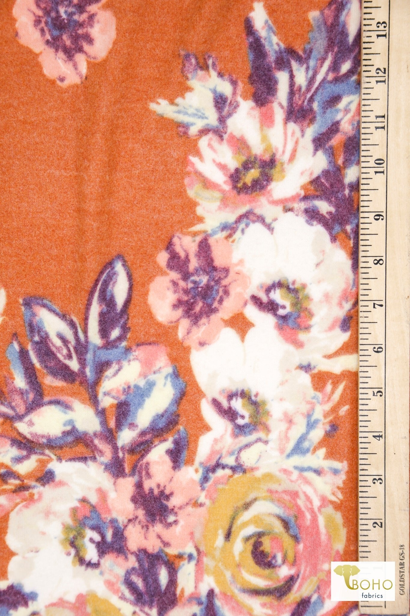 Rust Florals, Printed Brushed Sweater Knit Fabric - Boho Fabrics - Sweater Prints, Knit Fabric