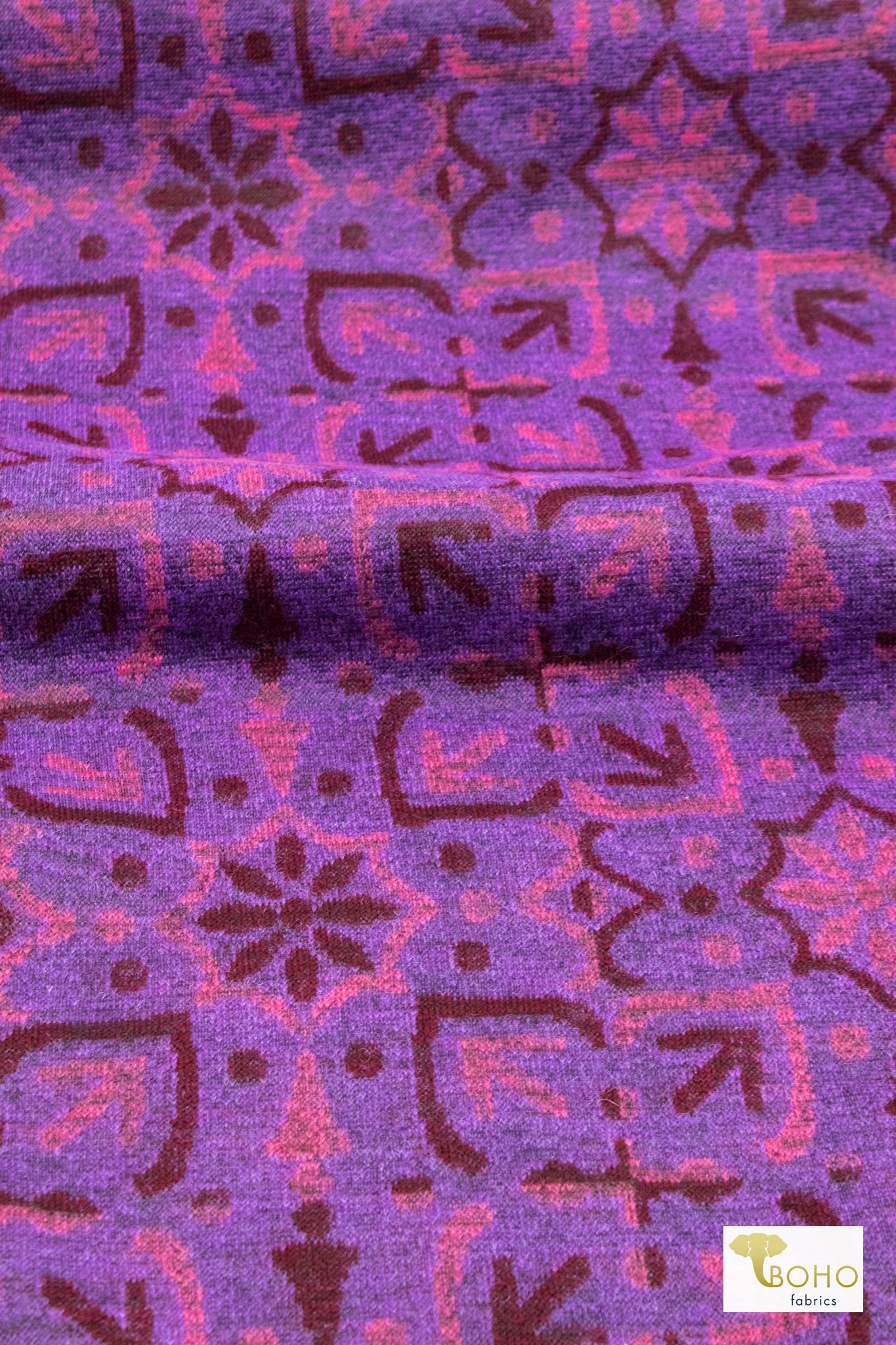 Sunrise Medallion, Purple Colorway. Double Knit Fabric (Jersey & Felted) - Boho Fabrics - Novelty Knit