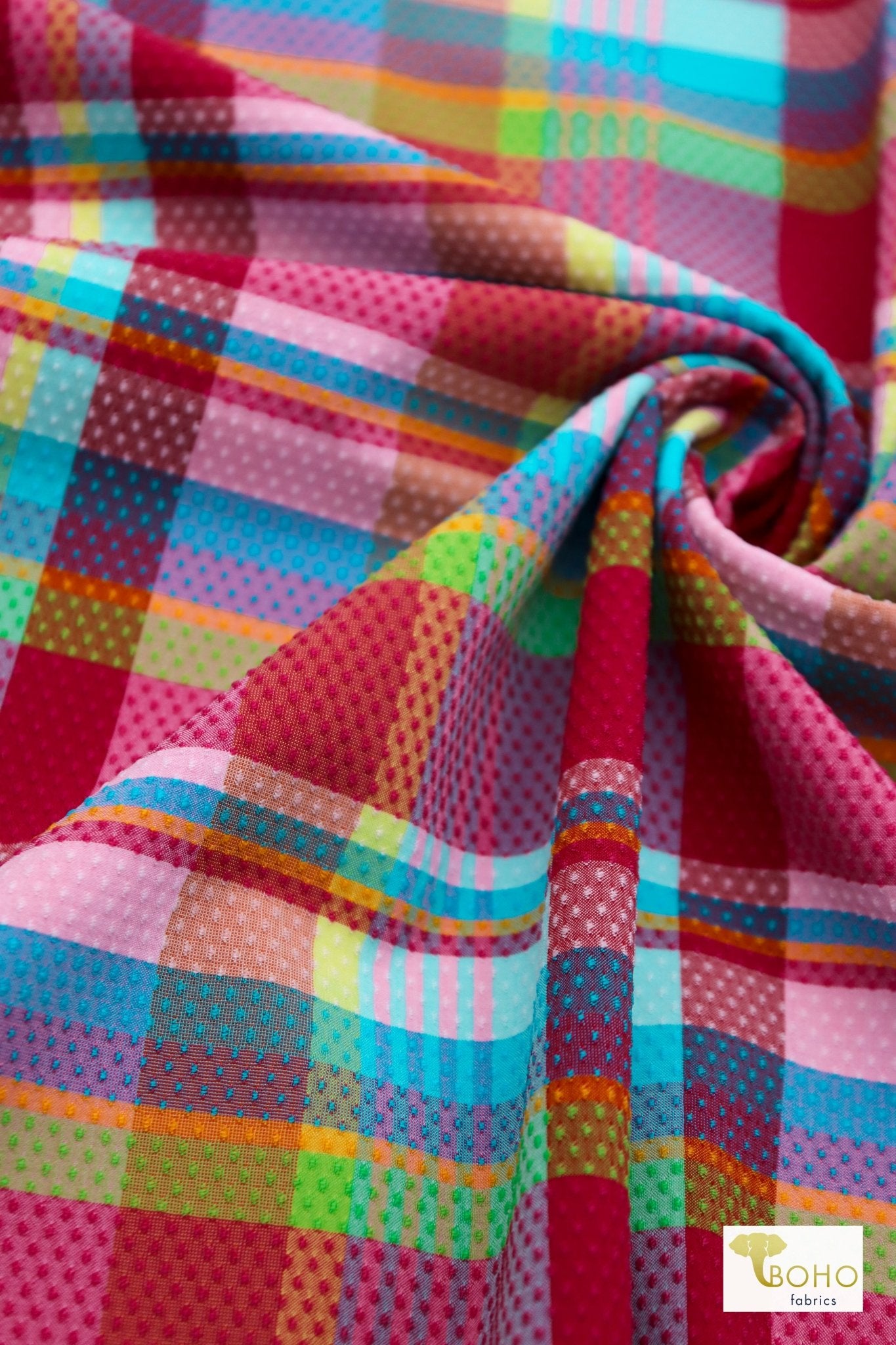 Vibrant Madras Plaid, Stretch Woven Fabric - Boho Fabrics - Stretch Woven